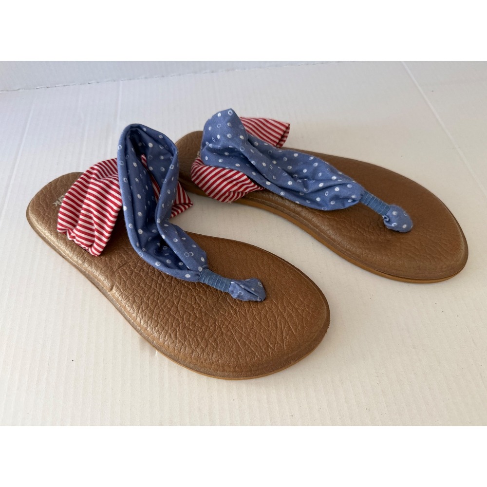 Sanuk Yoga Sling Sandals 8 Red White Blue Americana Polka Dot Stripe Flip Flops